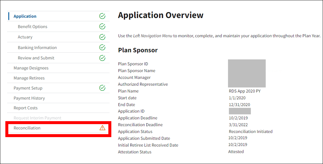 Application Overview page with sample data. Reconciliation is highlighted in left nav.