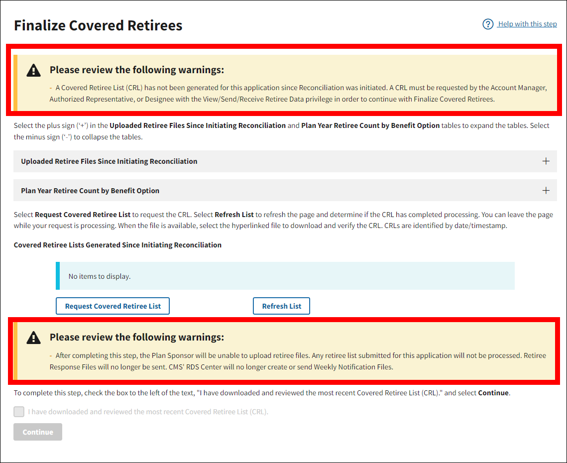 Finalize Covered Retirees page with Warning messages highlighted.