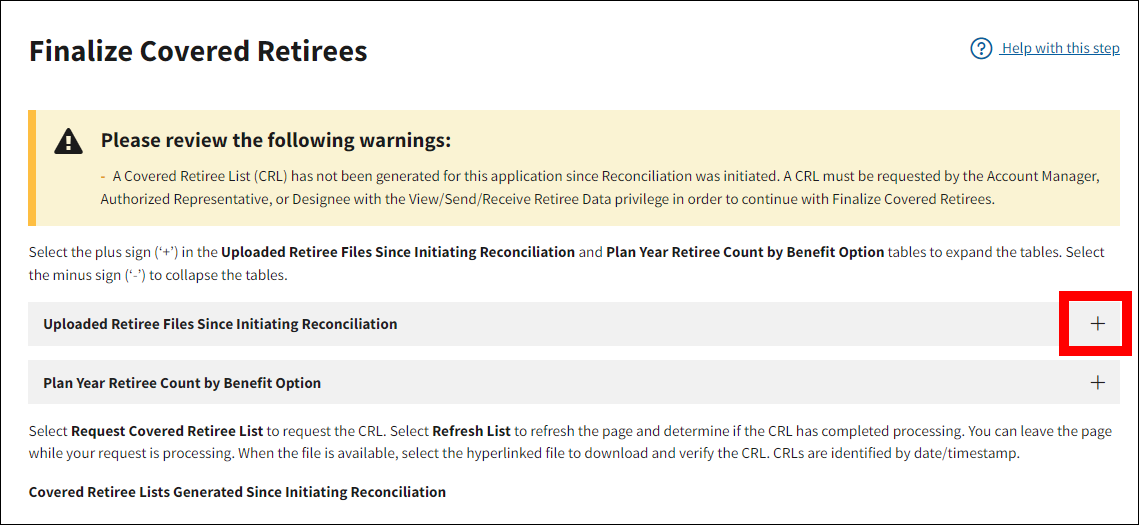 Finalize Covered Retirees page with Uploaded Retiree Files Since Initiating Reconciliation plus sign button highlighted.