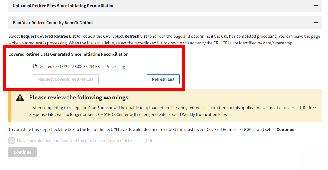 Finalize Covered Retirees page with sample CRL Processing data. Request Covered Retiree List button is disabled.