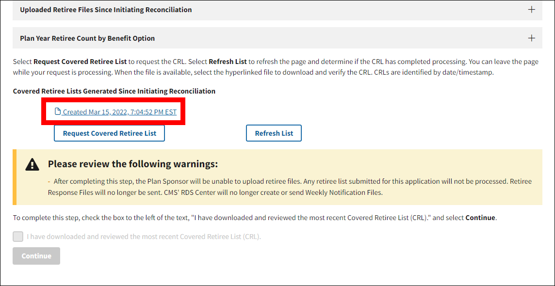 Finalize Covered Retirees page with sample data. Request Covered Retiree List button is enabled, and CRL download link is highlighted.