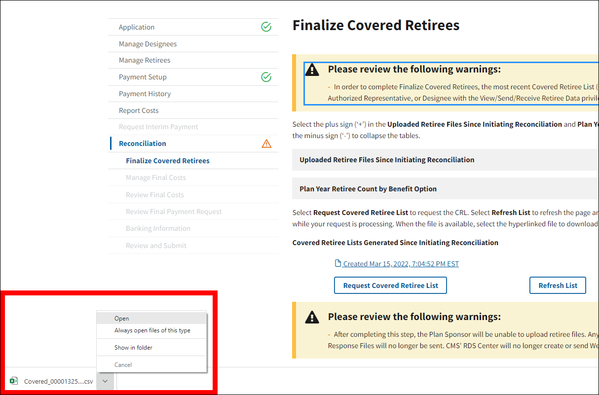 Finalize Covered Retirees page illustrating a downloaded Covered Retiree List file being opened.