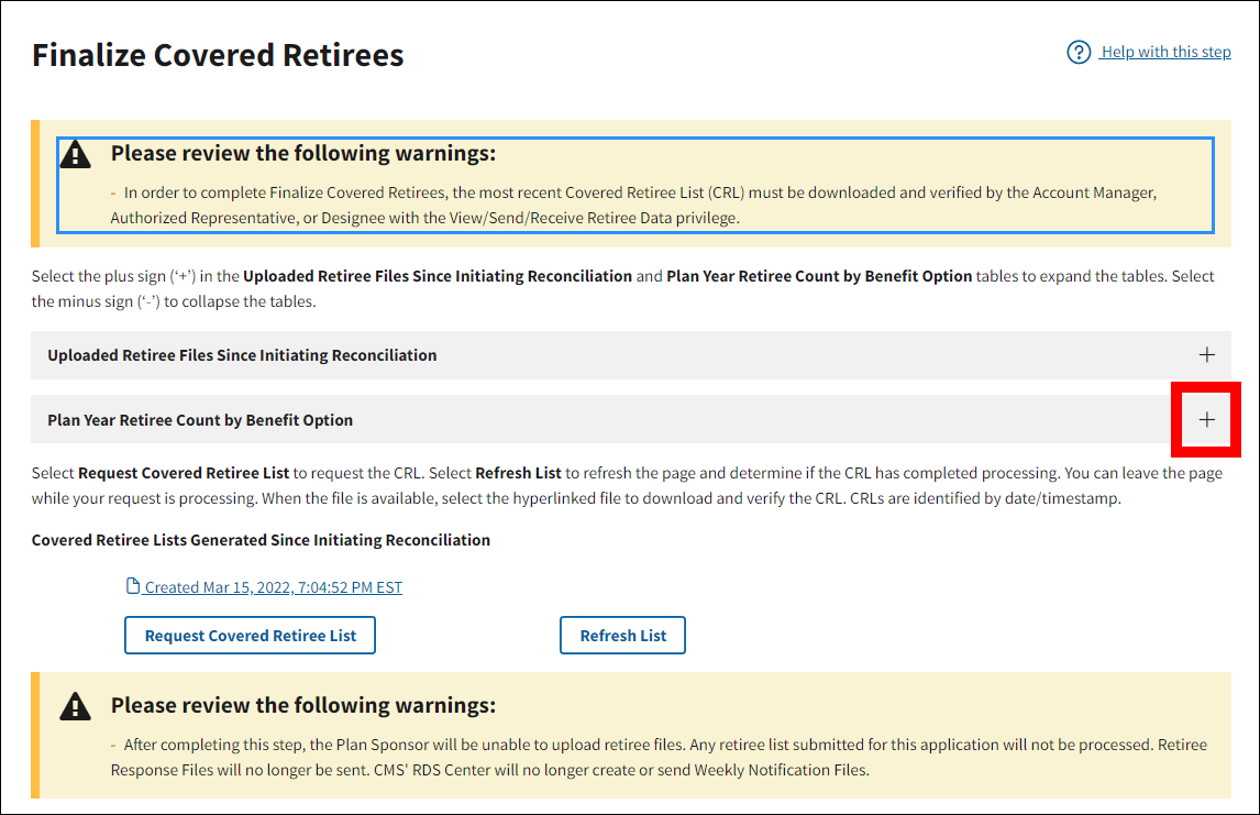 Finalize Covered Retirees page with sample data. Plan Year Retiree Count by Benefit Option plus sign button is highlighted.