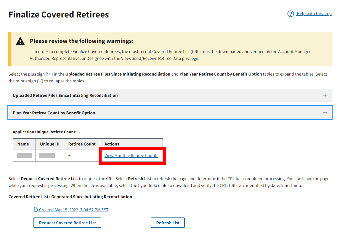 Finalize Covered Retirees page with sample data. View Monthly Retiree Counts link is highlighted.