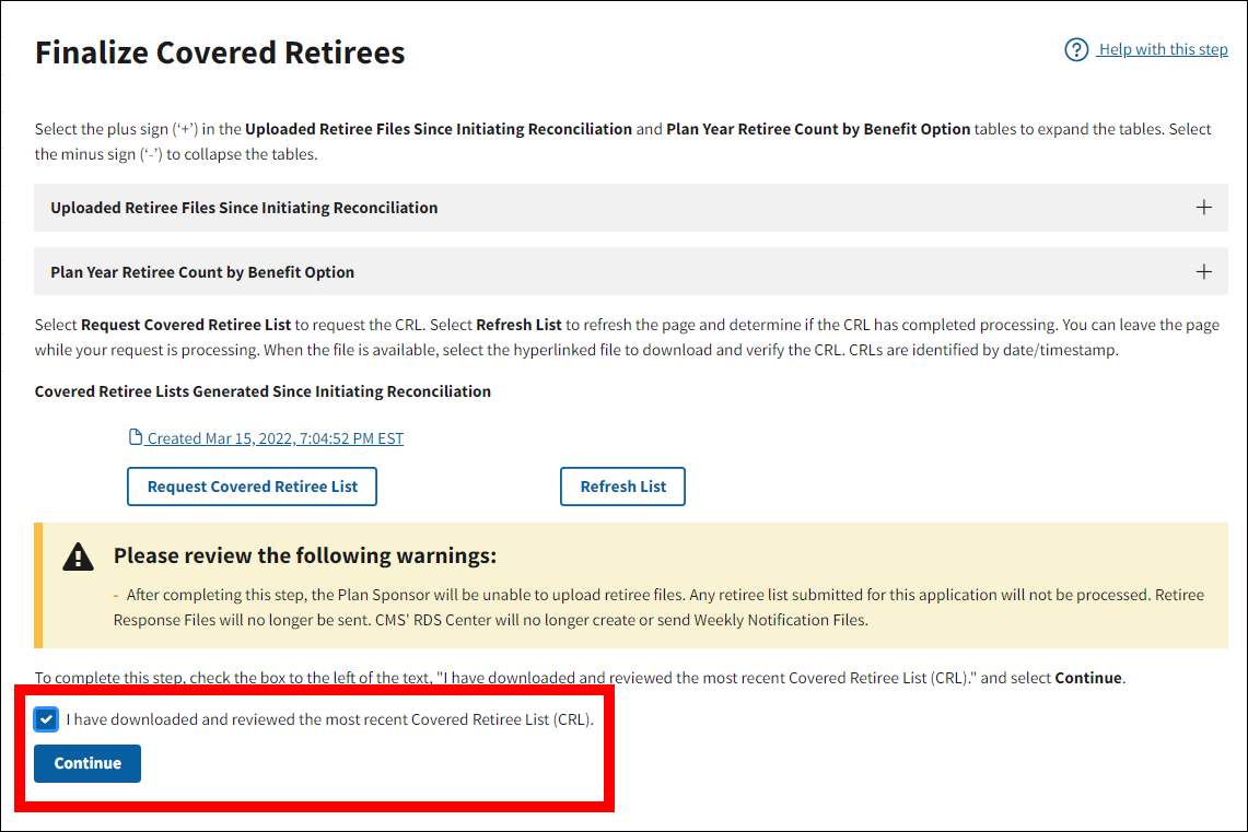 Finalize Covered Retirees page with sample data. Checkbox and Continue button section is highlighted with checkbox selected.