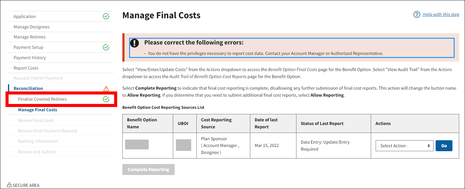 Manage Final Costs page with sample data. Finalize Covered Retirees with complete status indicator in left nav is highlighted.