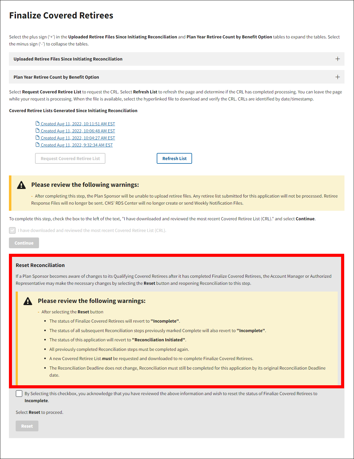 Finalize Covered Retirees page with sample data. Reset Reconciliation section is highlighted.