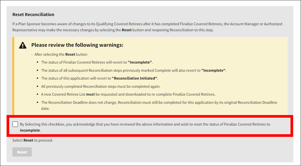 Reset Reconciliation section. Checkbox section is highlighted.