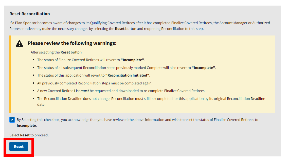 Reset Reconciliation section. Reset button is highlighted.
