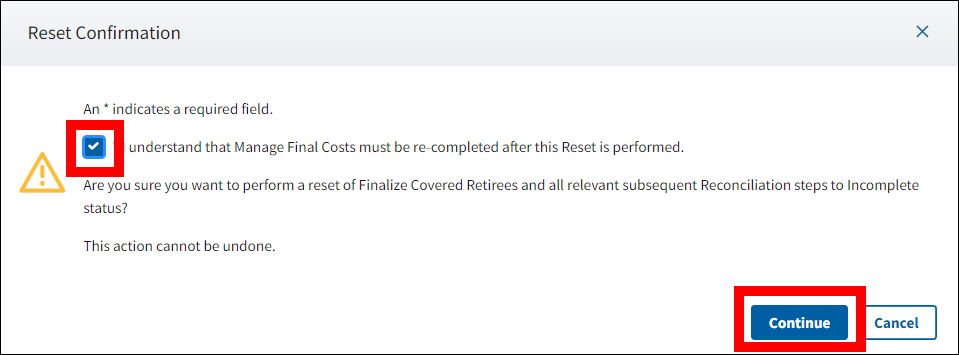 Reset Confirmation pop-up box. Checkbox and the Continue button are highlighted.