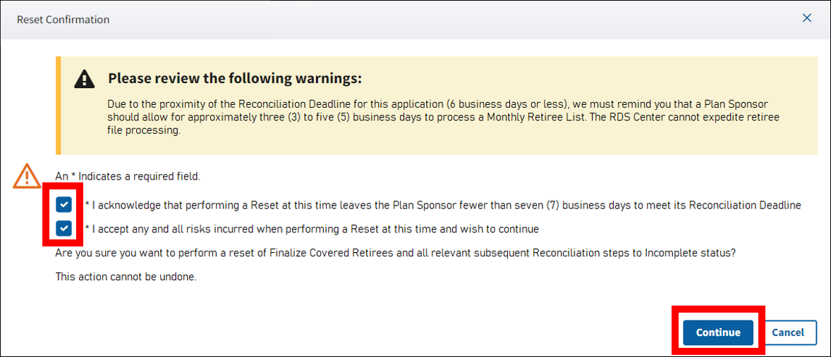 Reset Confirmation pop-up box. Two Checkboxes and the Continue button are highlighted.