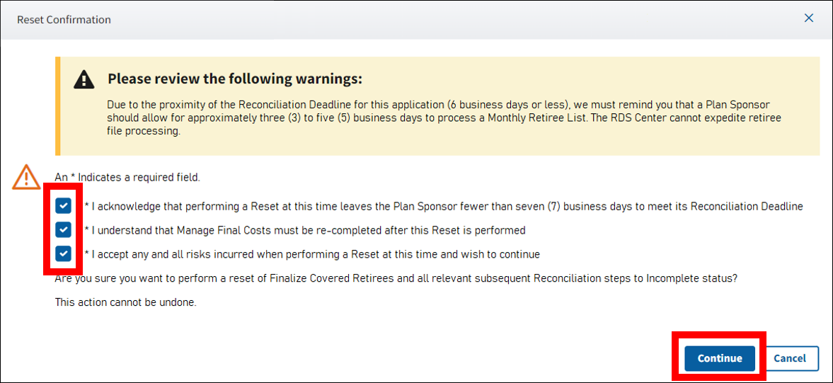 Reset Confirmation pop-up box. Three Checkboxes and the Continue button are highlighted.