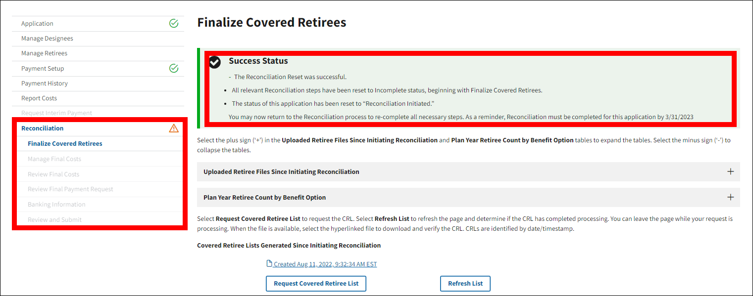 Finalize Covered Retirees page is displayed with a Success message.
