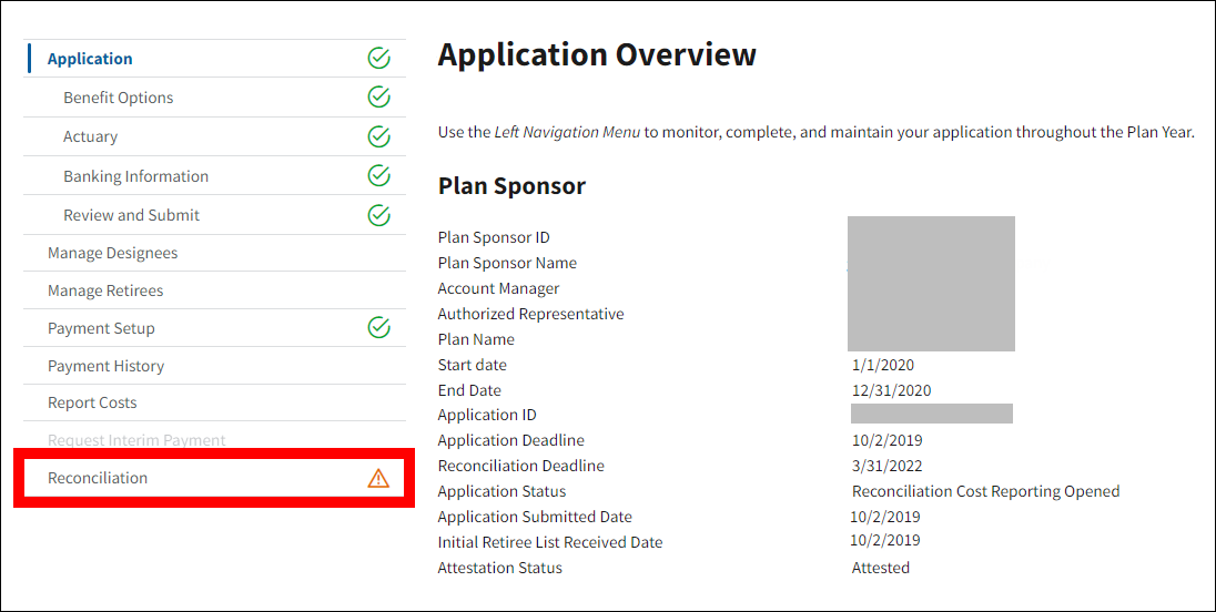 Application Overview page with sample data. Reconciliation is highlighted in left nav.