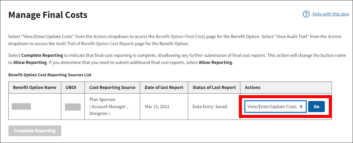 Manage Final Costs page with sample data. Actions is highlighted.