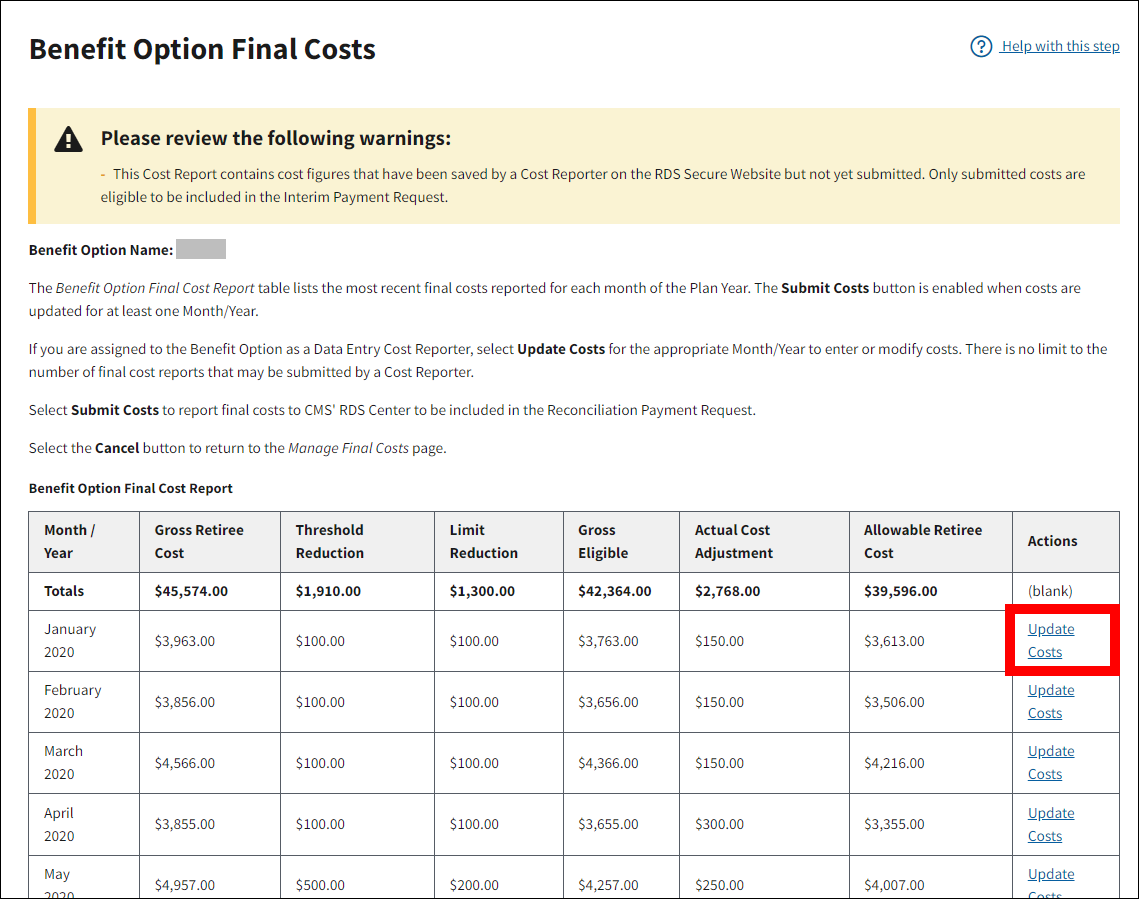 Benefit Option Final Costs page with sample data. Update Costs link is highlighted.