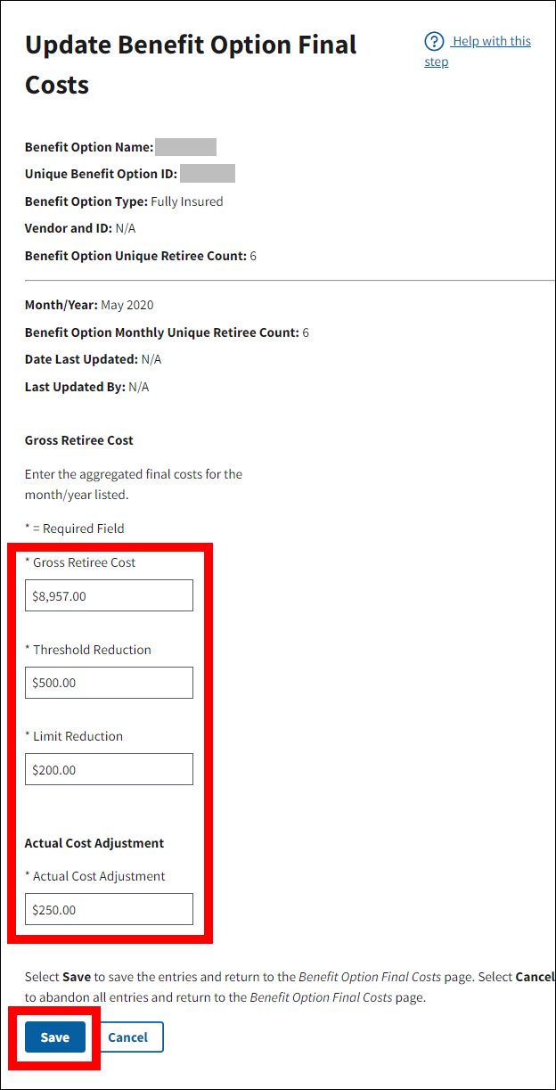 Update Benefit Option Final Costs page with sample data. Form fields and Save button are highlighted.