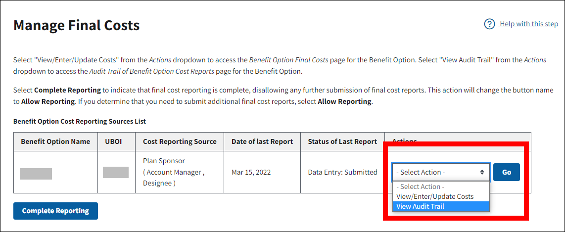Manage Final Costs page with sample data. Actions dropdown menu selection and Go button are highlighted.