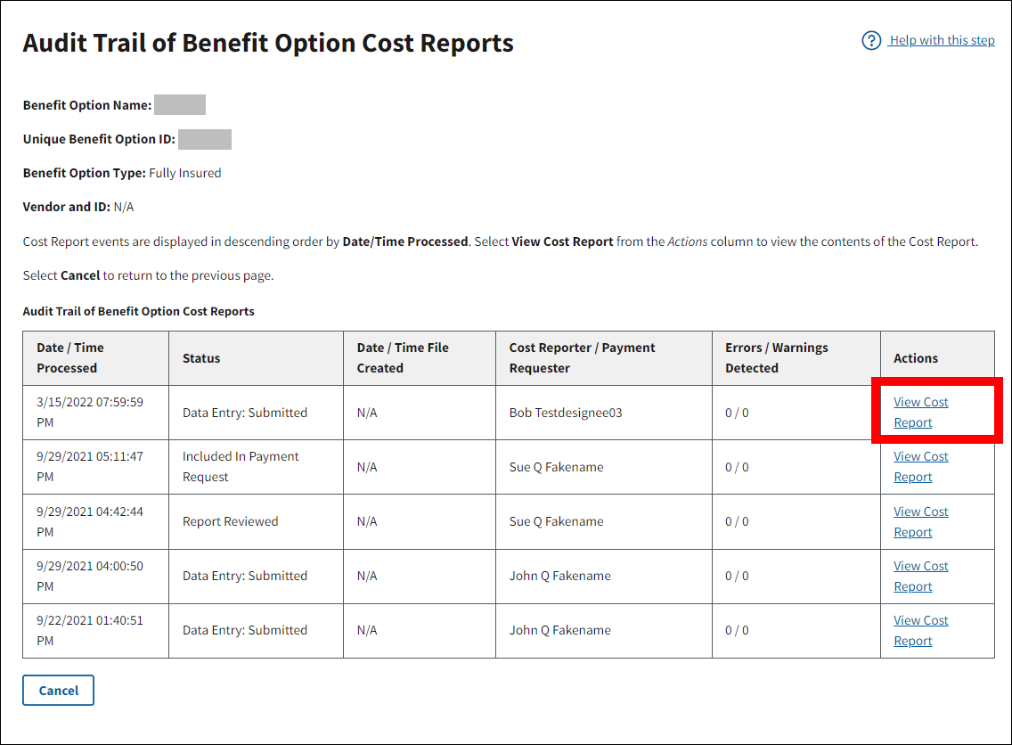 Audit Trail of Benefit Option Cost Reports page with sample data. View Cost Report link is highlighted.