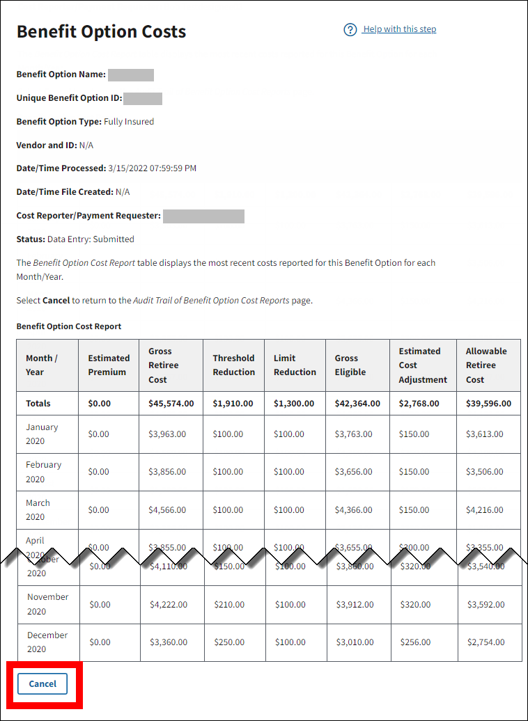 Benefit Option Costs page with sample data. Cancel button is highlighted.