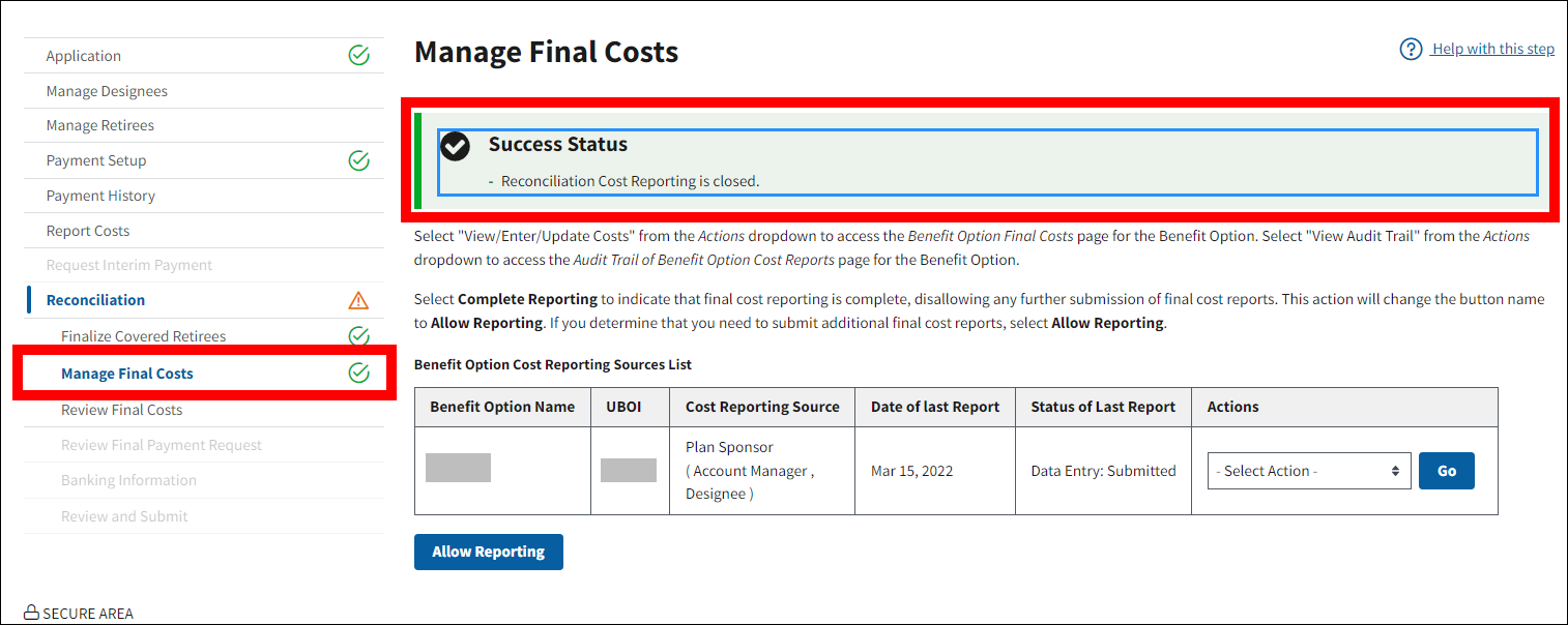 Manage Final Costs page with sample data. Success message and Manage Final Costs with complete status indicator in left nav are highlighted.