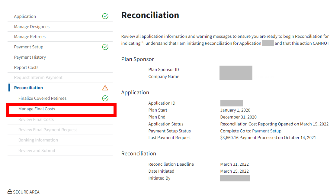 Reconciliation page with sample data. Manage Final Costs is highlighted in left nav.