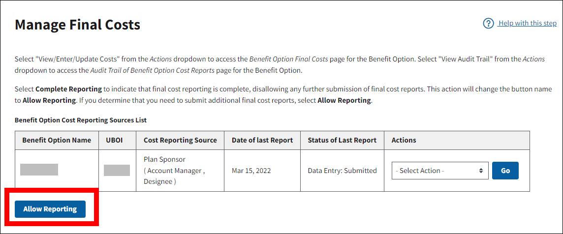 Manage Final Costs page with sample data. Allow Reporting button is highlighted.