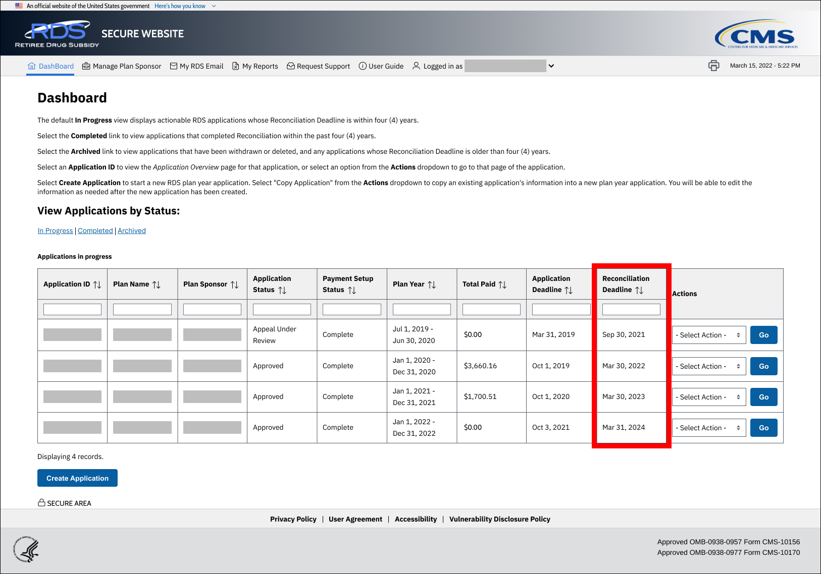 Dashboard page with sample data. Reconciliation Deadline column of Applications table is highlighted.