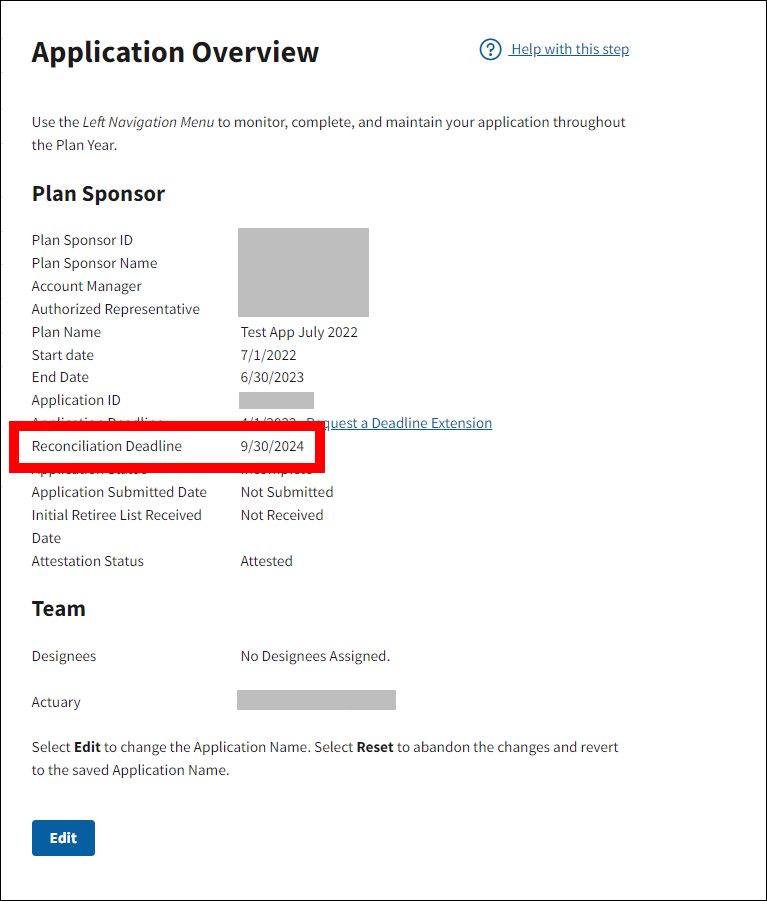 Application Overview page with sample data. Reconciliation Deadline is highlighted.