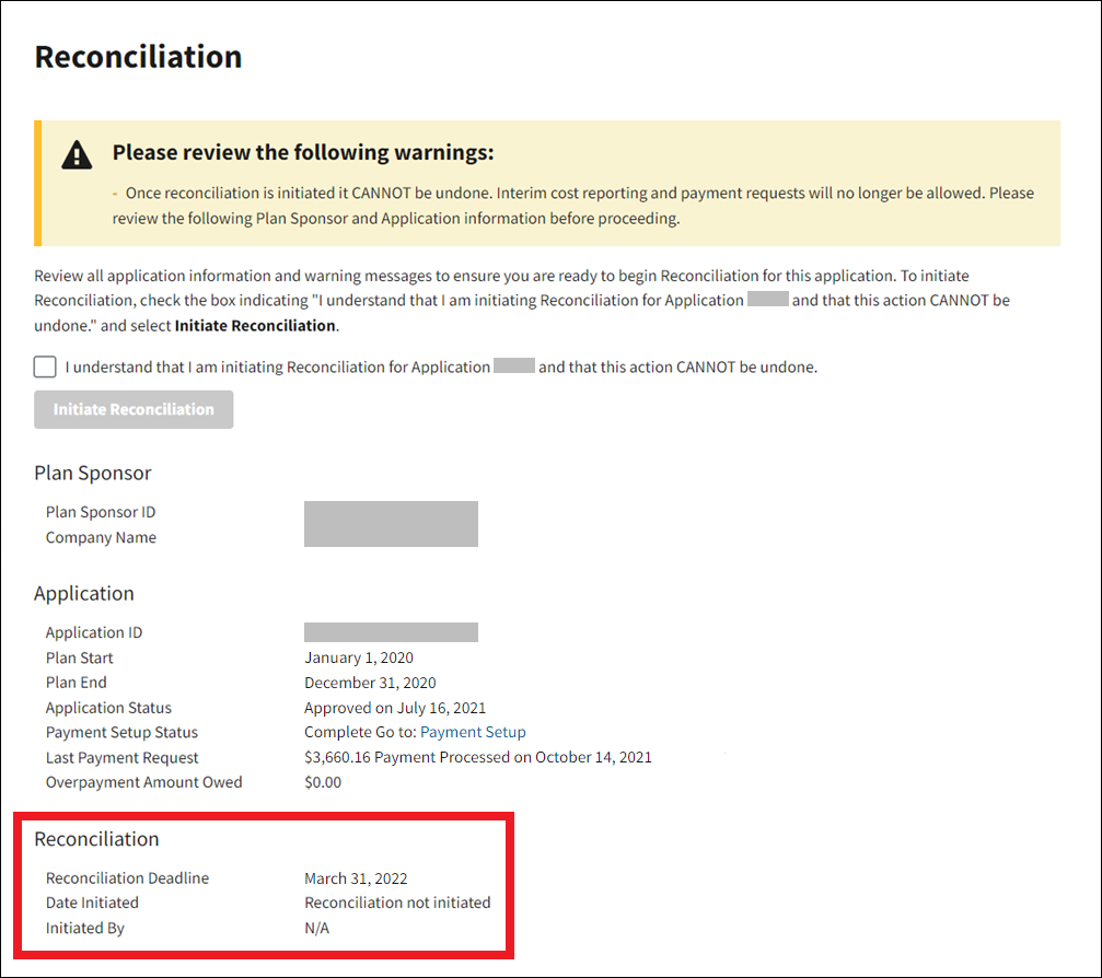 Reconciliation page with sample data. Reconciliation section is highlighted.