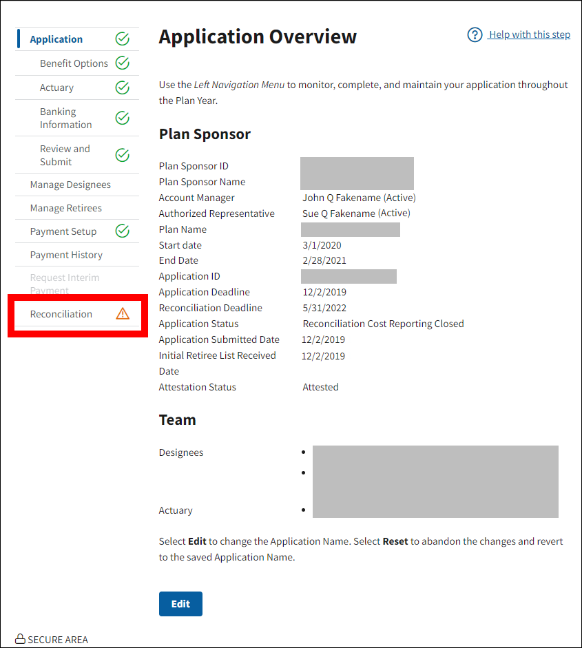 Application Overview page with sample data. Reconciliation is highlighted in left nav.