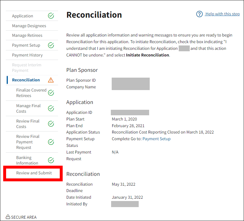 Reconciliation page with sample data. Review and Submit is highlighted in left nav.