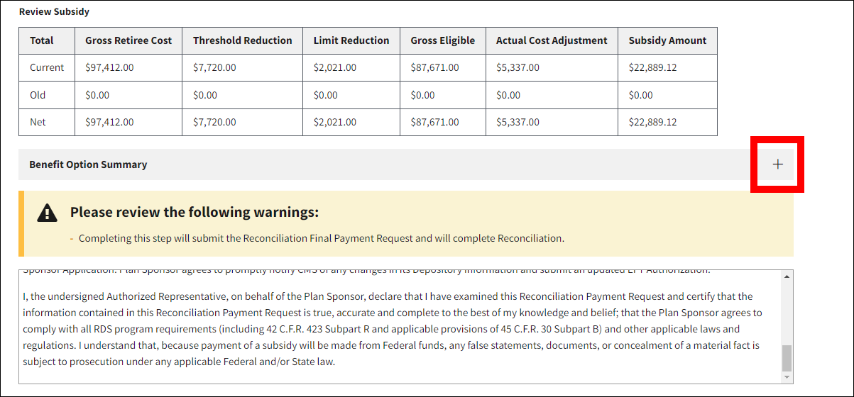 Review and Submit page with sample data. Plus sign button is highlighted.