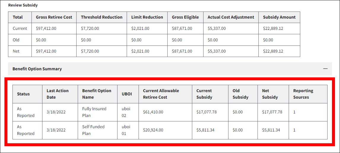Review and Submit page with sample data. Benefit Option Summary section is expanded, and Benefit Option Summary table is highlighted.