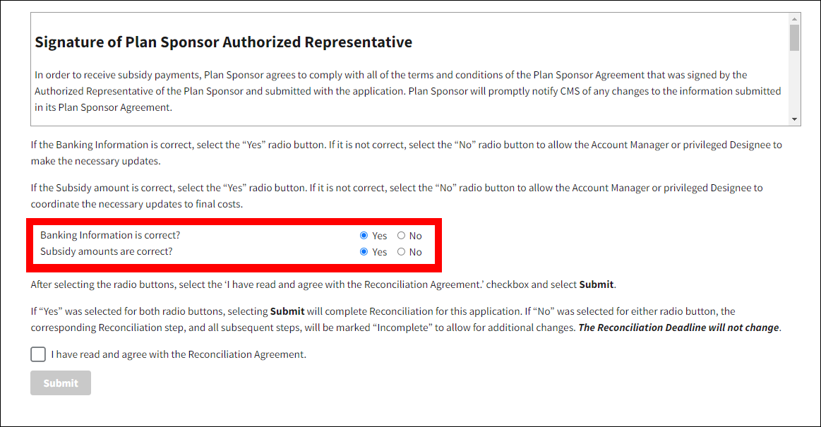 Review and Submit page with Banking Information and Subsidy amounts radio buttons highlighted.