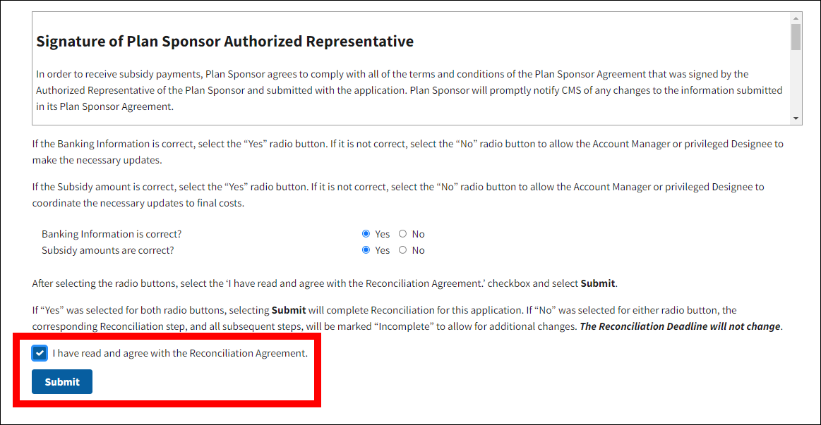 Review and Submit page with Reconciliation Agreement checkbox selected. Reconciliation Agreement checkbox and Submit button are highlighted.