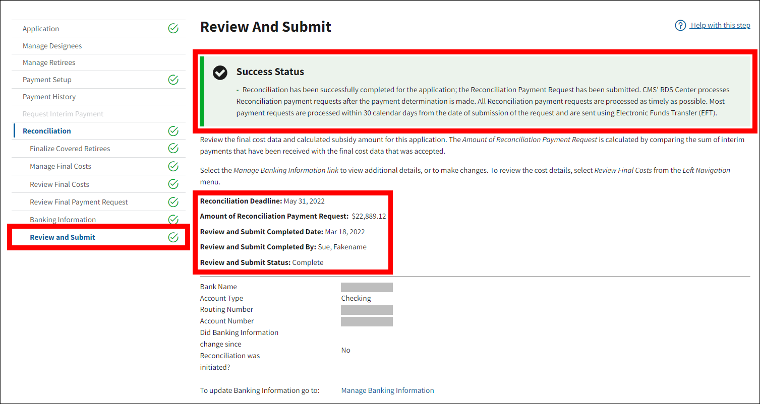 Review and Submit page with Success message, sample data, and Reconciliation in left nav highlighted.