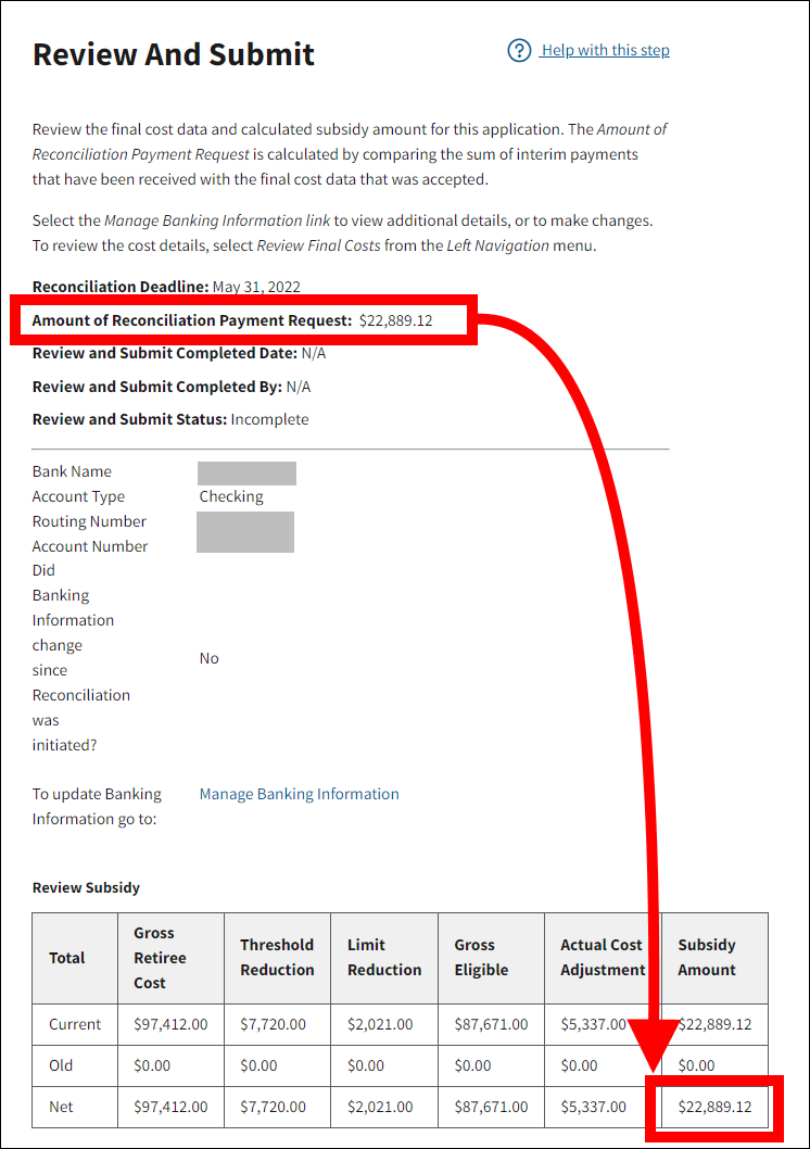 Review and Submit page with sample data. Amount of Reconciliation Payment Request and Net Subsidy Amount are highlighted.