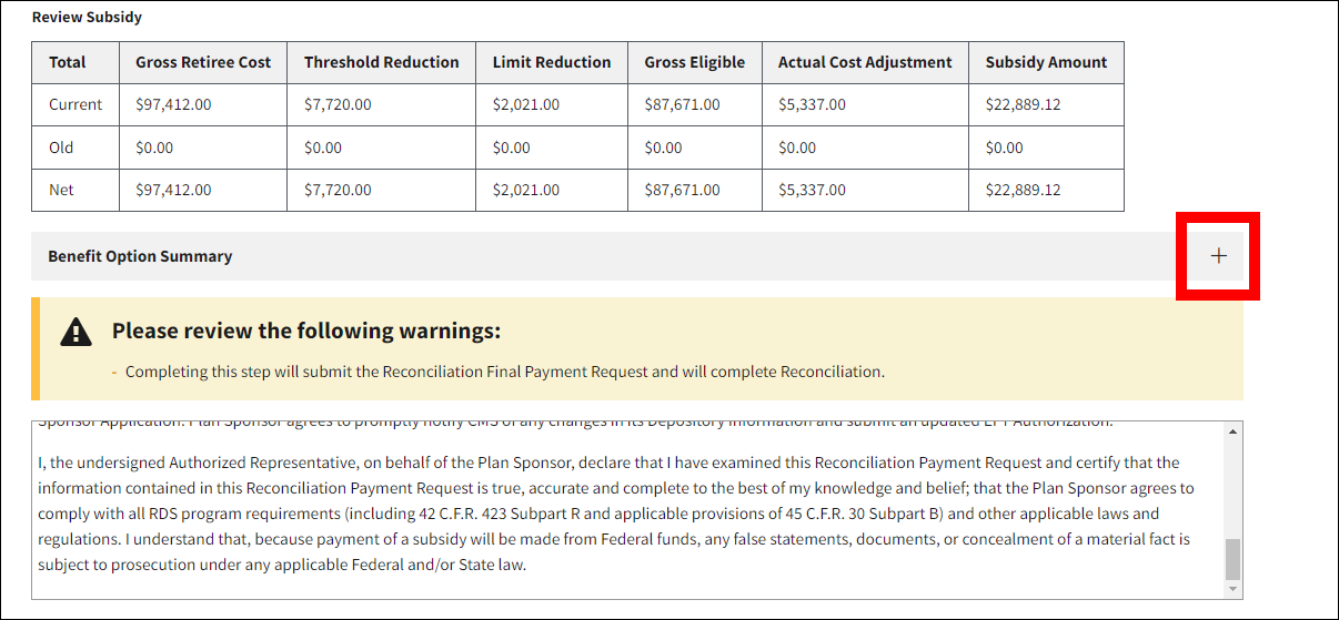 Review and Submit page with sample data. Plus sign button is highlighted.