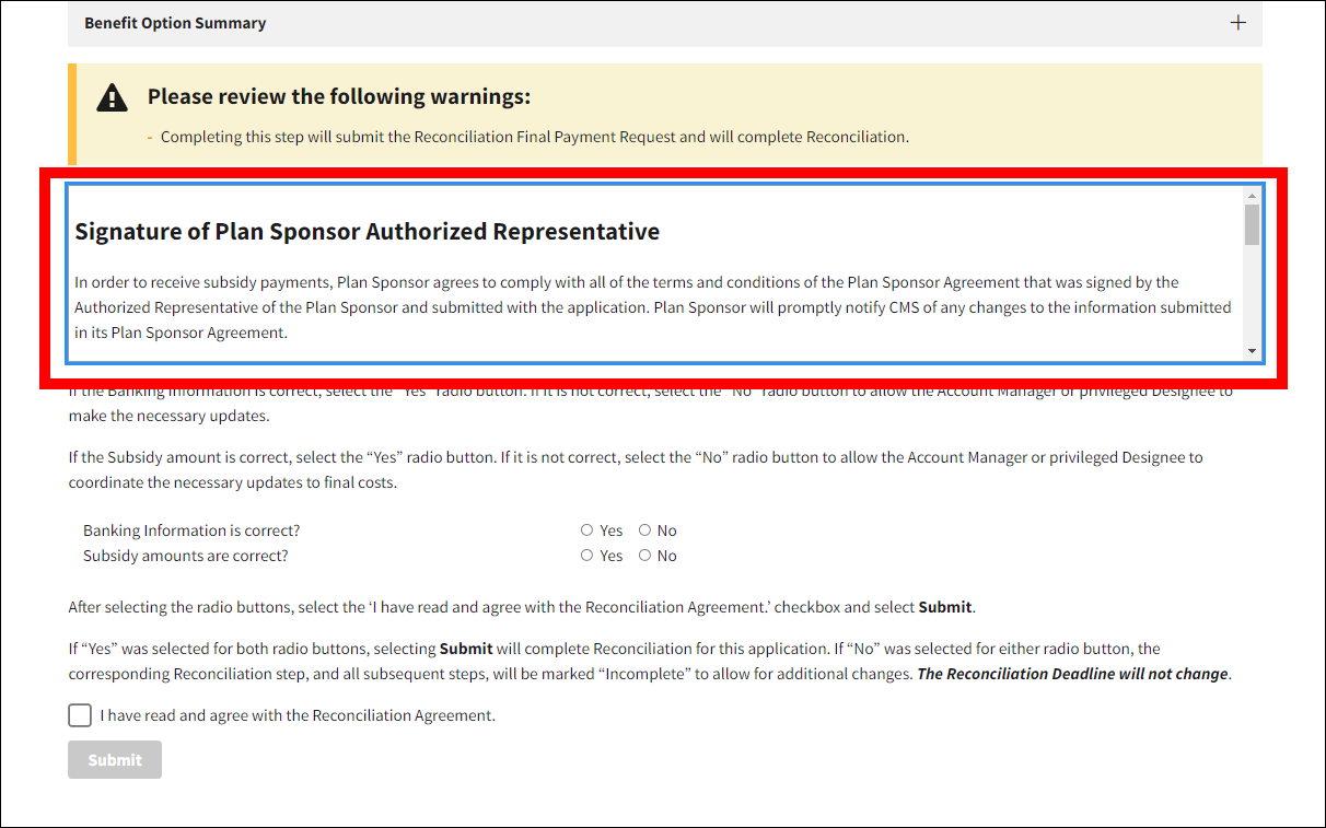 Review and Submit page with Signature of Plan Sponsor Authorized Representative section highlighted.