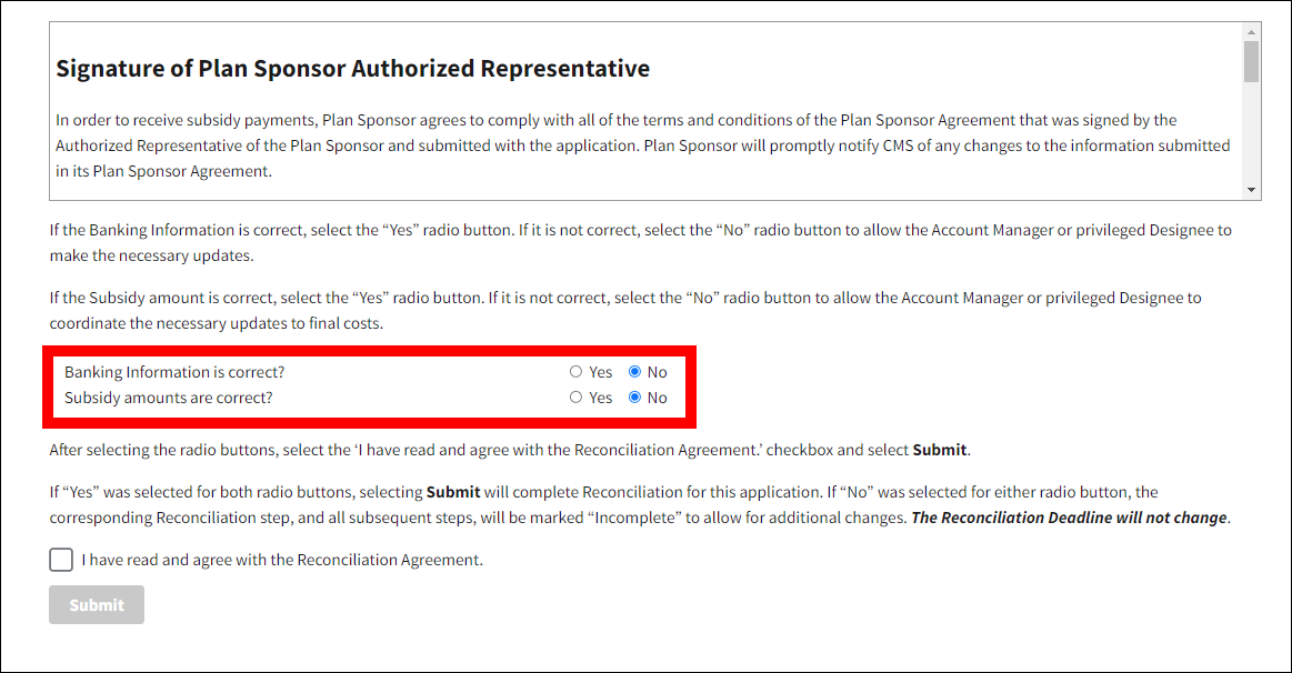 Review and Submit page with Banking Information and Subsidy amounts radio buttons highlighted.