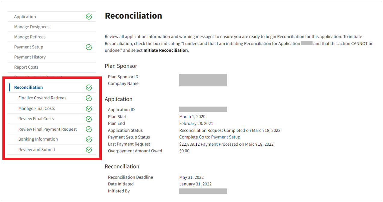 Reconciliation page with sample data. All Reconciliation steps with complete status indicators in left nav are highlighted.