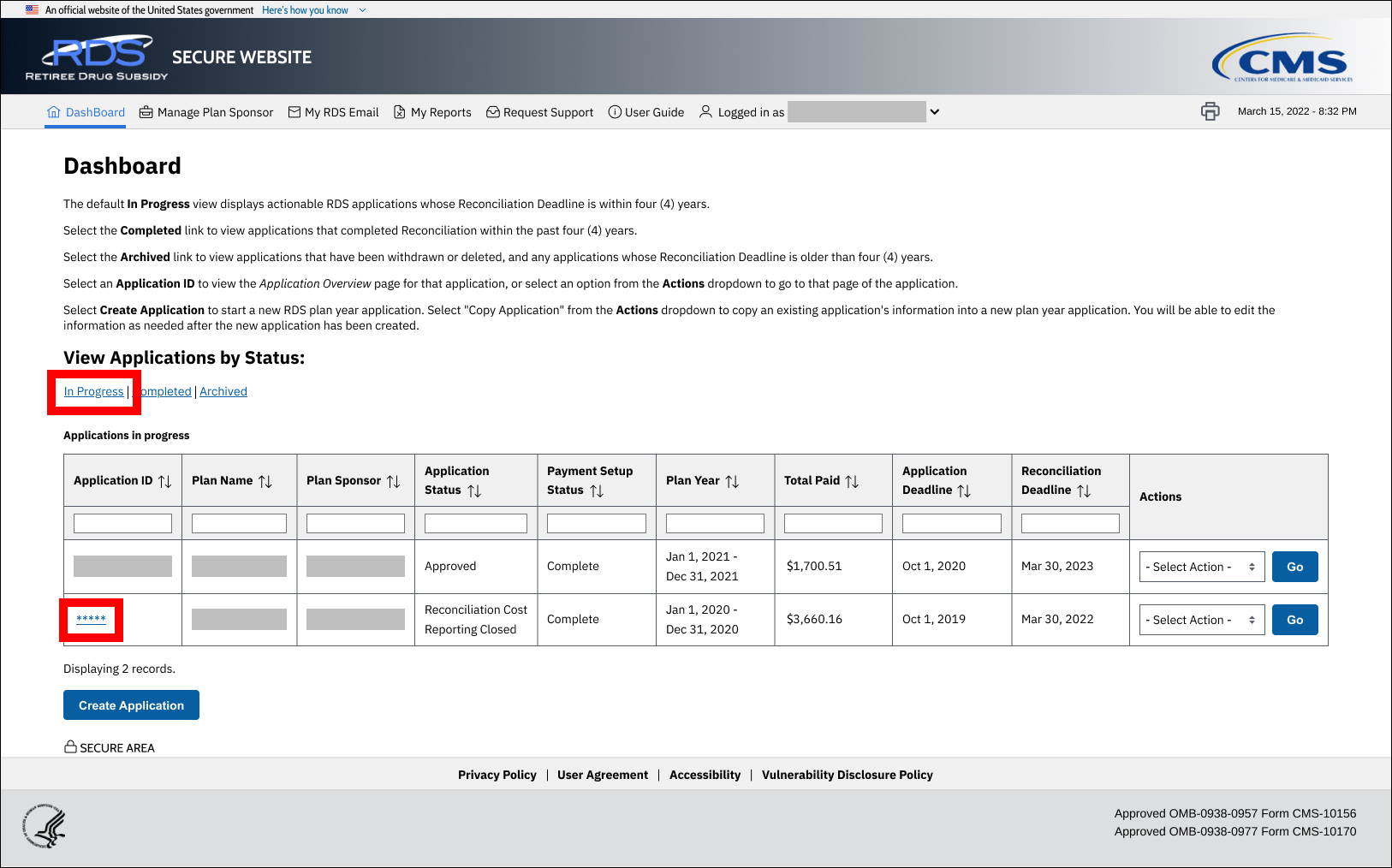 Dashboard page with sample data. In Progress and Application ID links are highlighted.