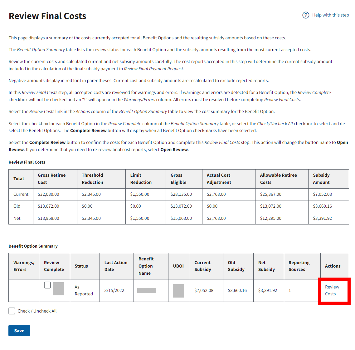 Review Final Costs page with sample data. Review Costs link is highlighted.