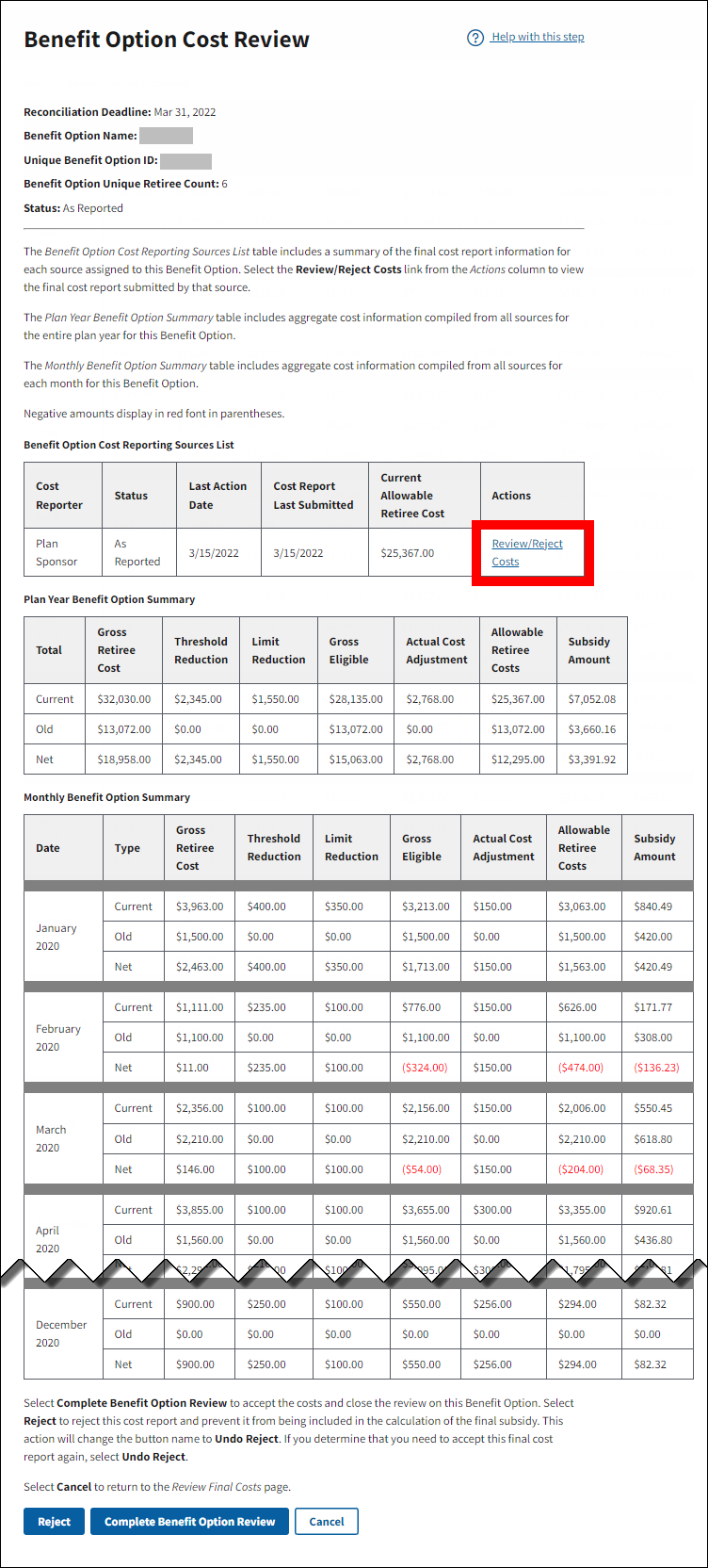 Benefit Option Cost Review page with sample data. Review/Reject Costs link is highlighted.