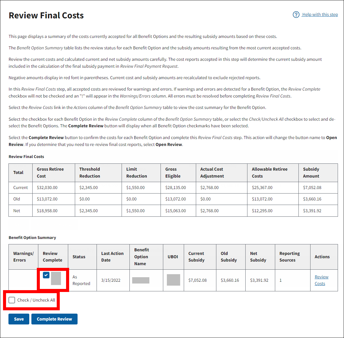 Review Final Costs page with sample data. Review Complete and Check/Uncheck All checkboxes are highlighted.