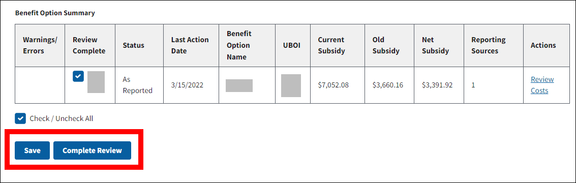 Review Final Costs page with sample data. Save and Complete Review buttons are highlighted.