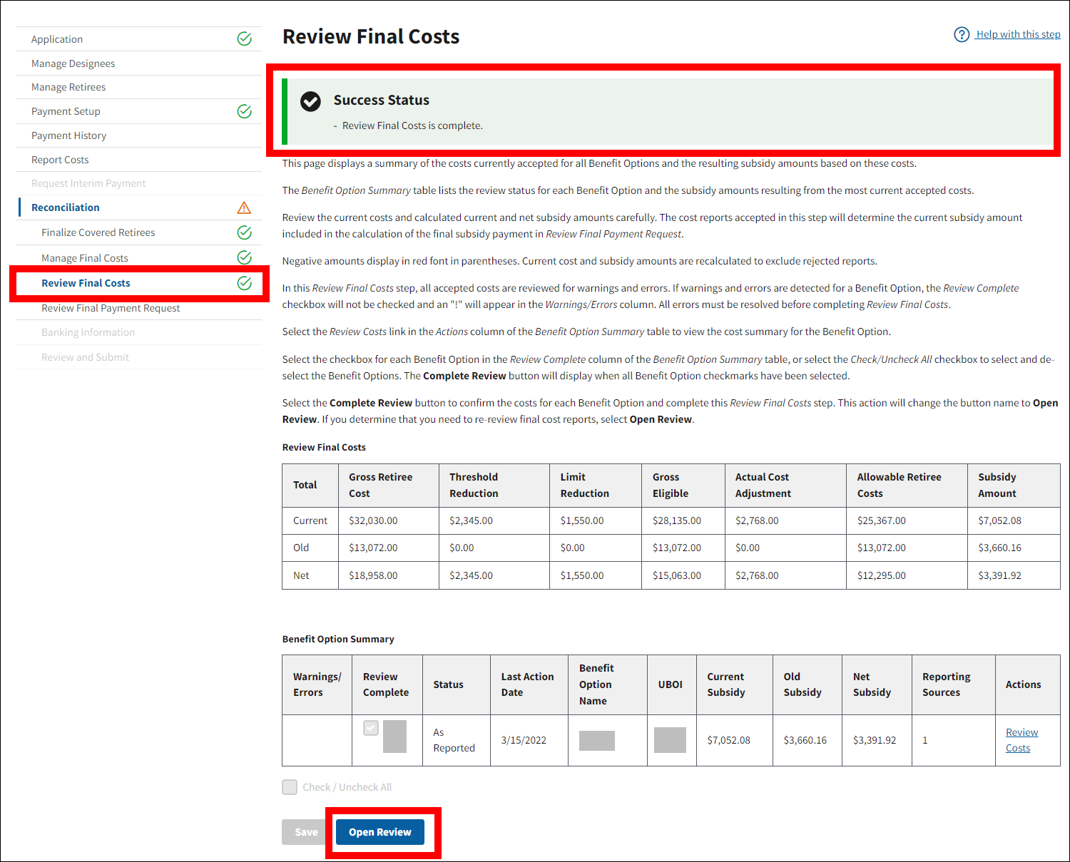 Review Final Costs page with sample data. Success message, Review Final Costs with complete status indicator in left nav, and Open Review button are highlighted.