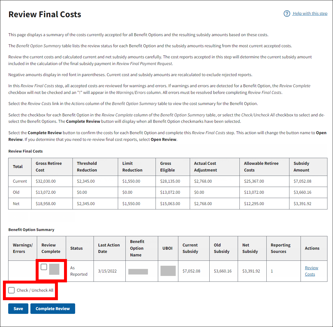 Review Final Costs page with sample data. Review Complete and Check/Uncheck All checkboxes are highlighted.