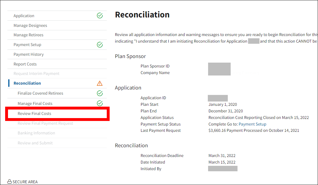 Reconciliation page with sample data. Review Final Costs is highlighted in left nav.